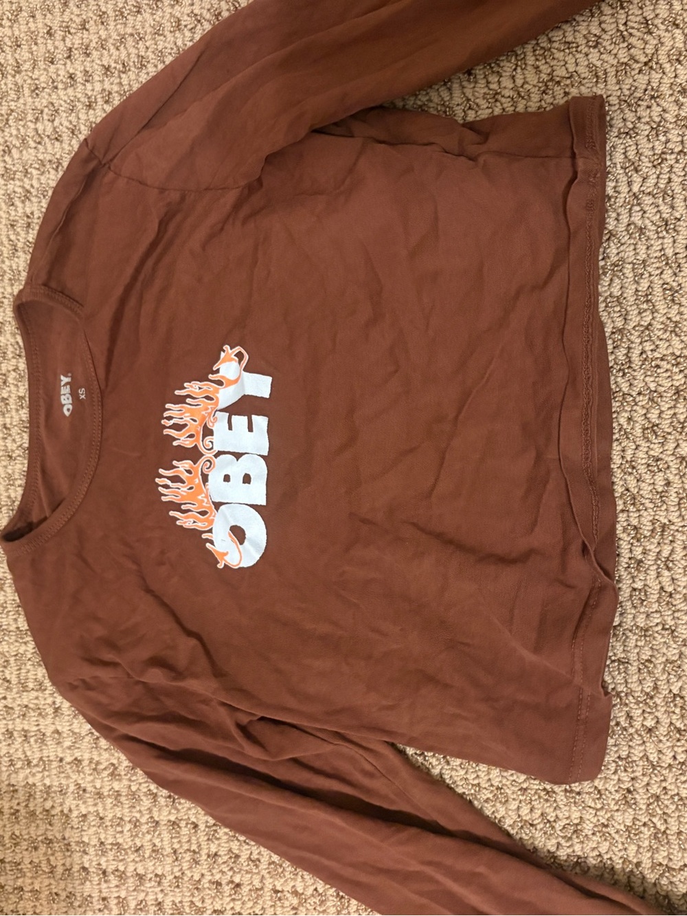 Obey Brown Long Sleeve Tee with White Logo and Orange Flame
